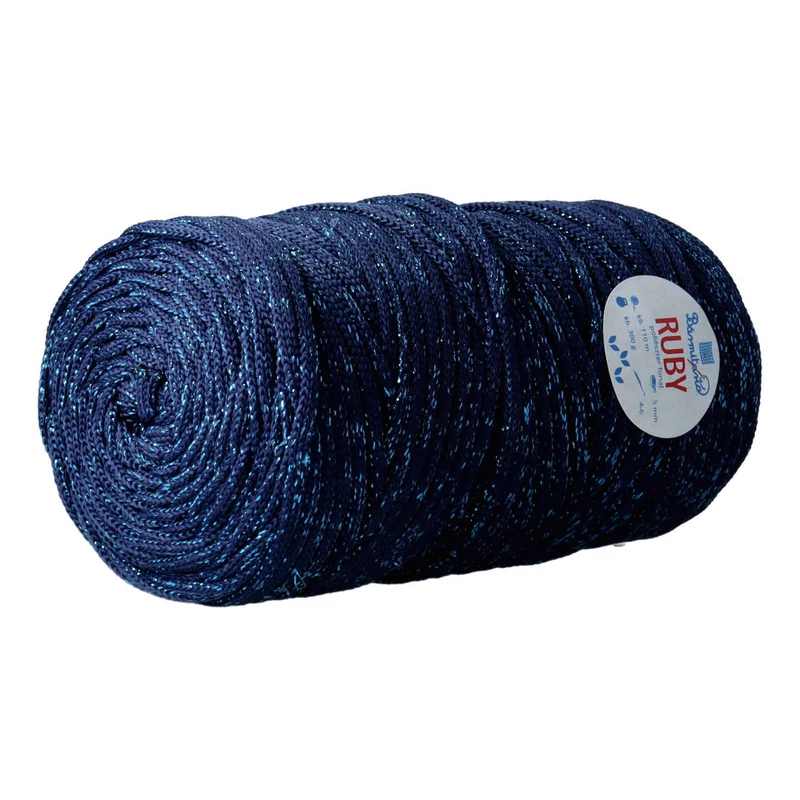 türkiz szállal átszőtt sötétkék színű RUBY lapos poliészter fonal - Bármitartó.hu